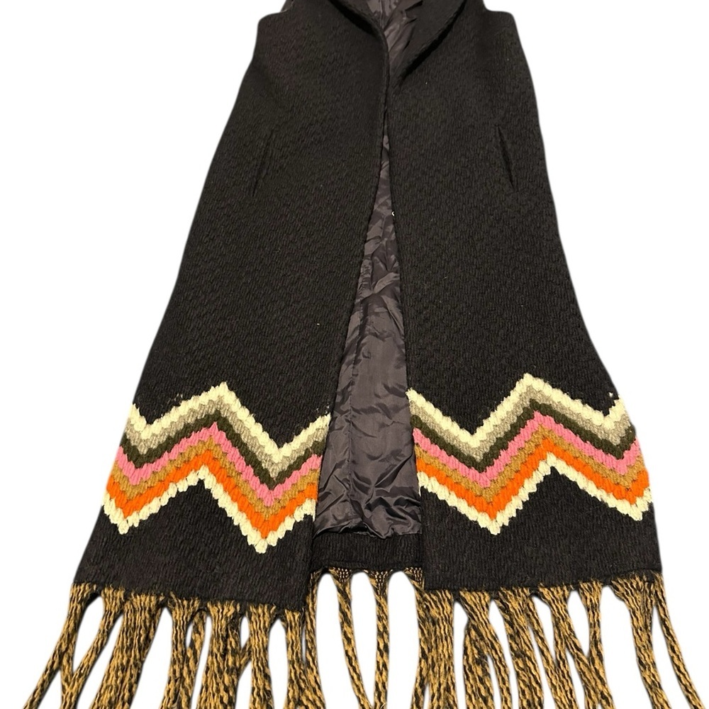 Vilagallo Black Wool Coat with Signature Red-Orange Label,